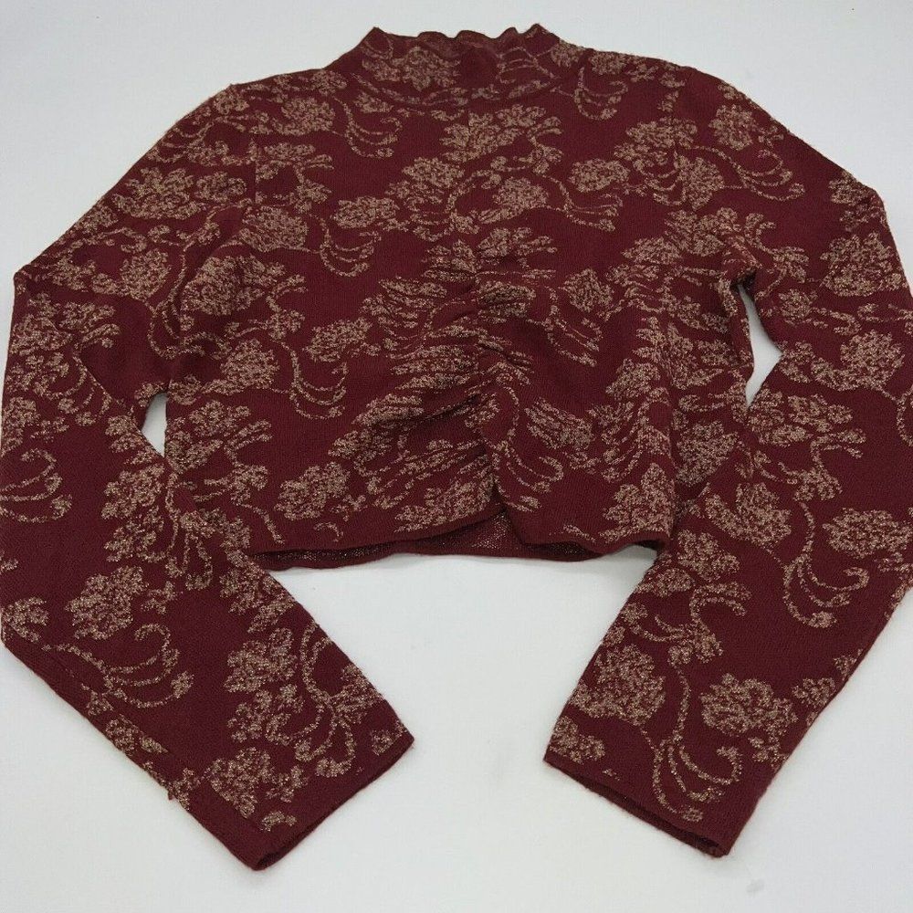 Anthropologie Ruched Mock-Neck Sweater Red And Gold M